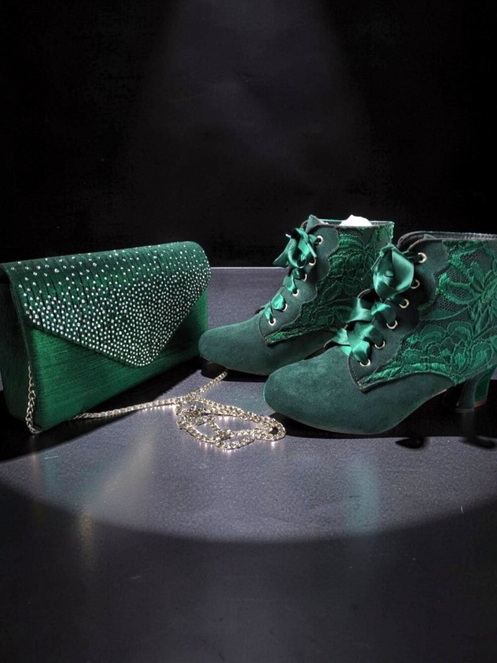 Victorian Style Lace-Up Ankle Boots feature a green suede kitten heel lace detai